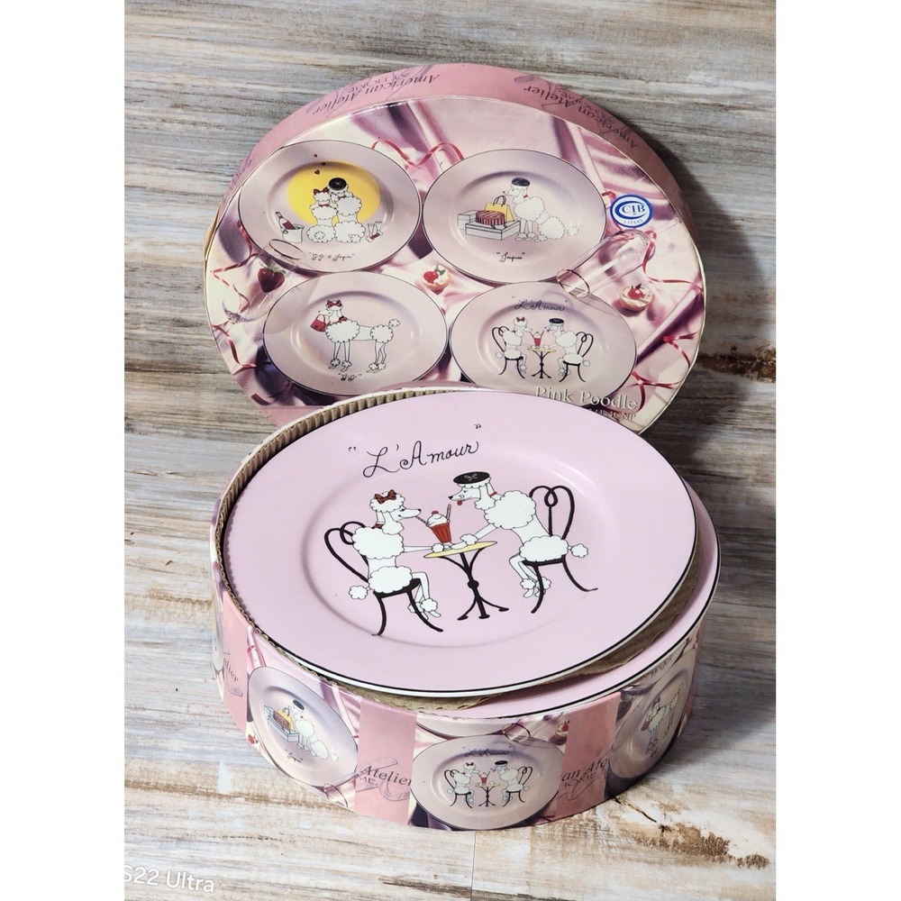 American Atelier Pink Poodle Porcelain Plate Collection in Original Box Dessert